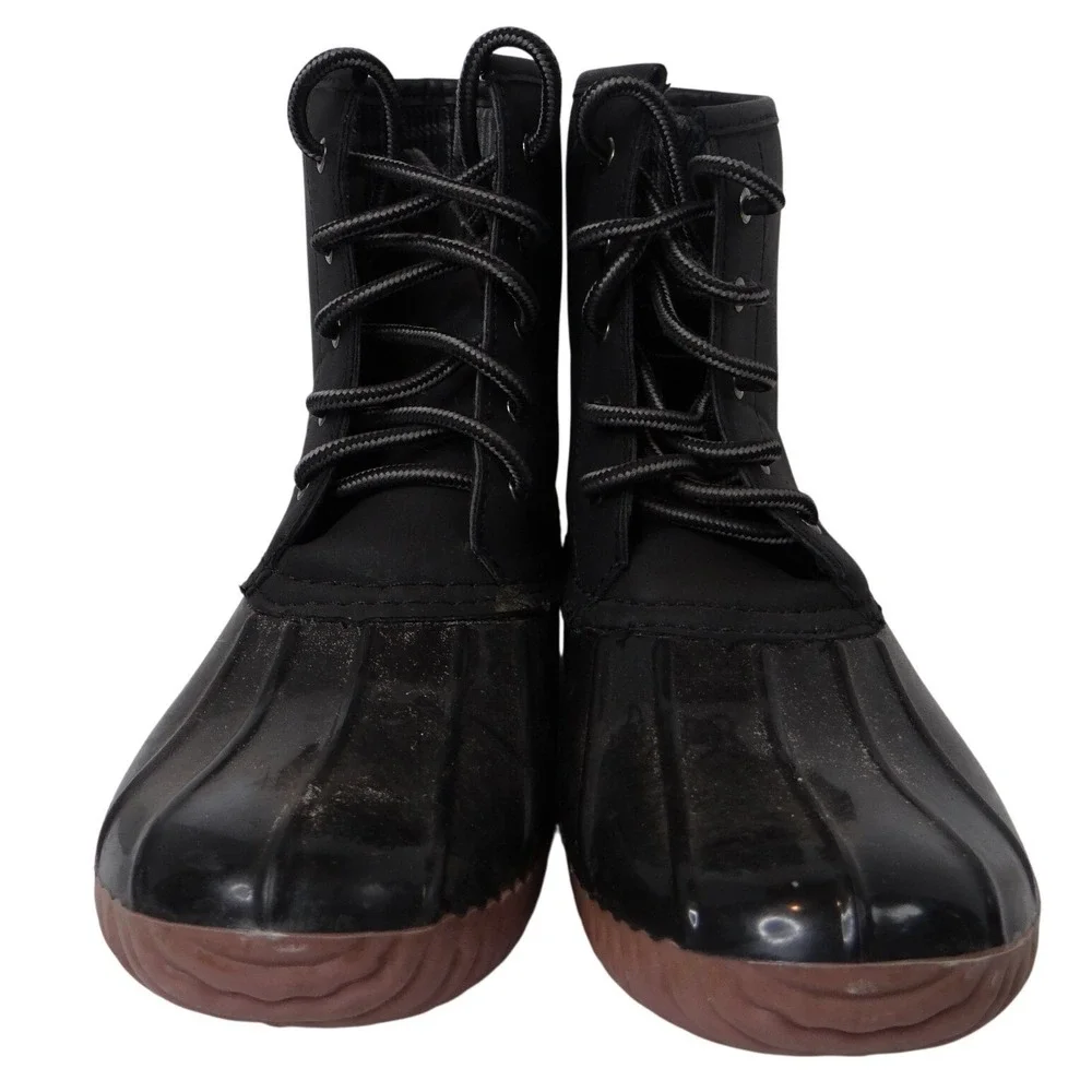 Charlotte Russe Black Lace‎ Up Duck Boots Waterproof Rubber Sole Plaid Lined